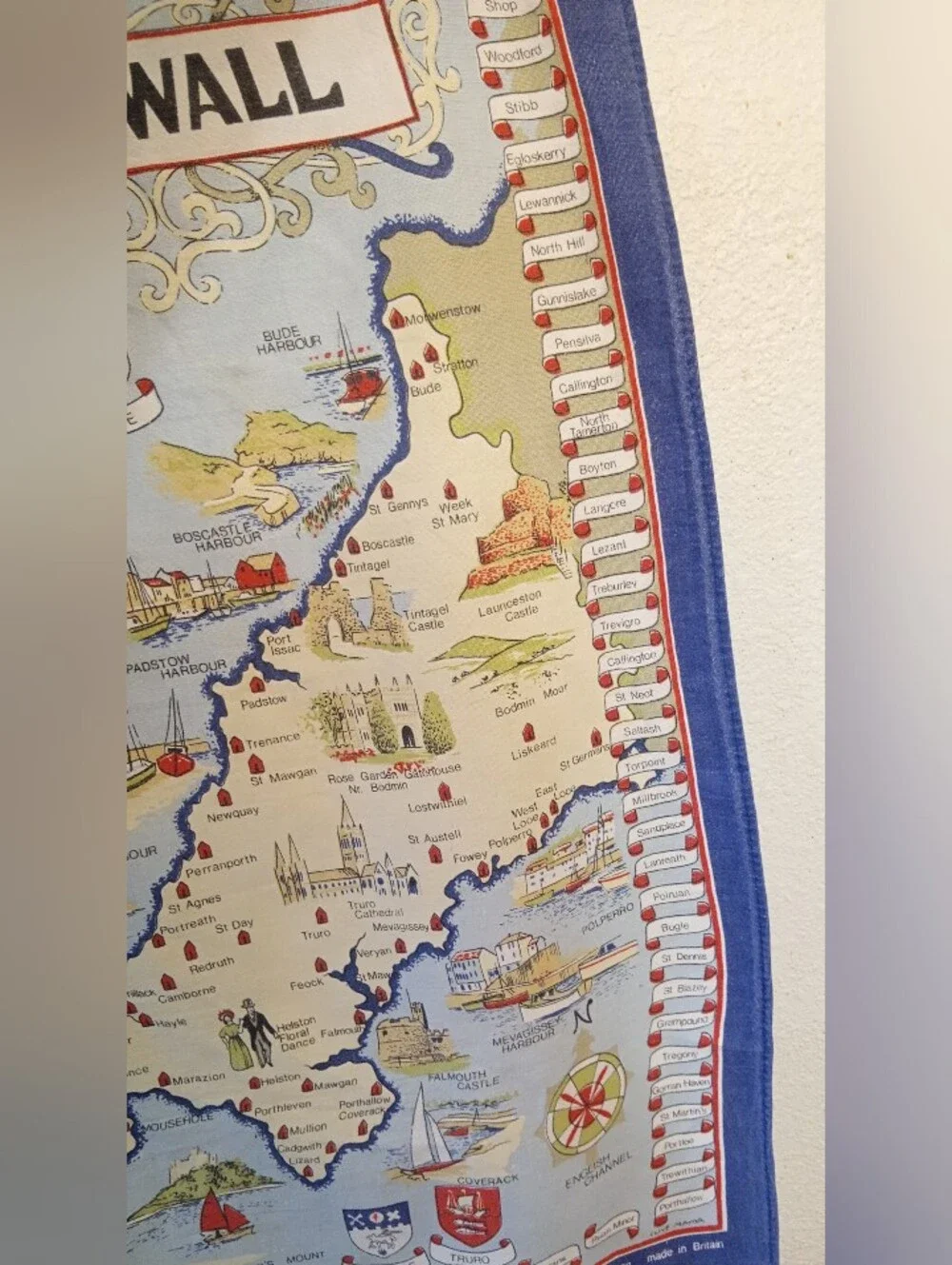 Vintage Cornwall Map Tea Towel Vista Clive Mayor Cotton 2 Selvedge Edges UK